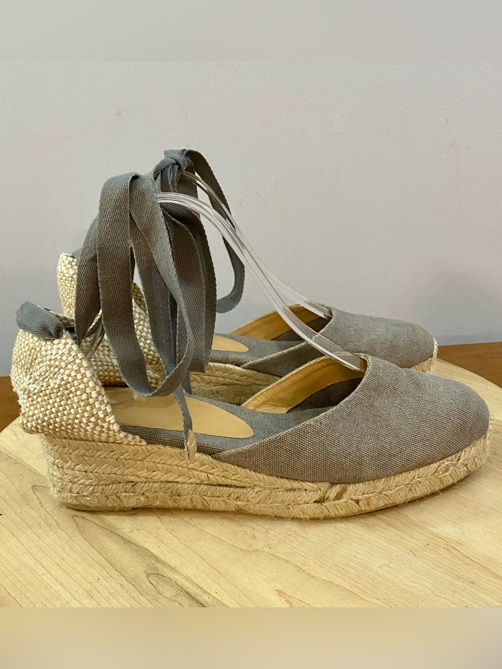 Castaner Carina Canvas Wedge Espadrilles Grey Tan Ankle Tie Spain EUR 40 US 9